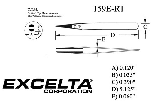 Excelta 159E-RT Straight Soft Replaceable .120in. Tip 5in. Carbofib Tweezer specs